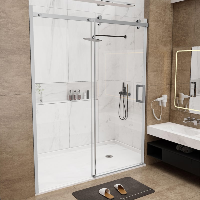 60''W Glass Frameless Shower Door, Shower Sliding Door in Black/Chrome