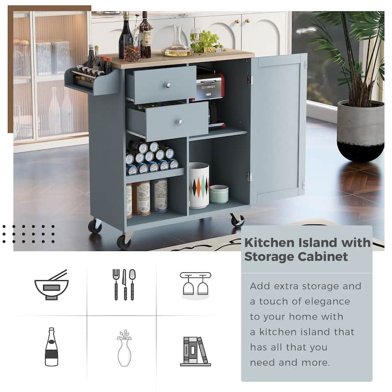 Rubberwood Kitchen Cart with Drop Leaf, Internal Storage Rack, Towel Holder, Spice Rack, and 2 drawers