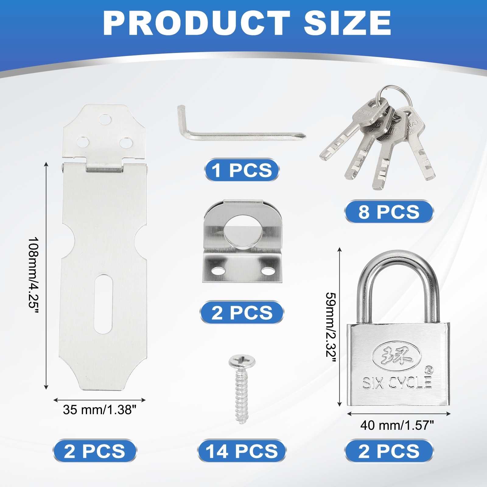 Stainless Steel Padlock Hasp, Door Slide Latch Locks Safety Packlock Clasp with Single Silver Lock and Screws