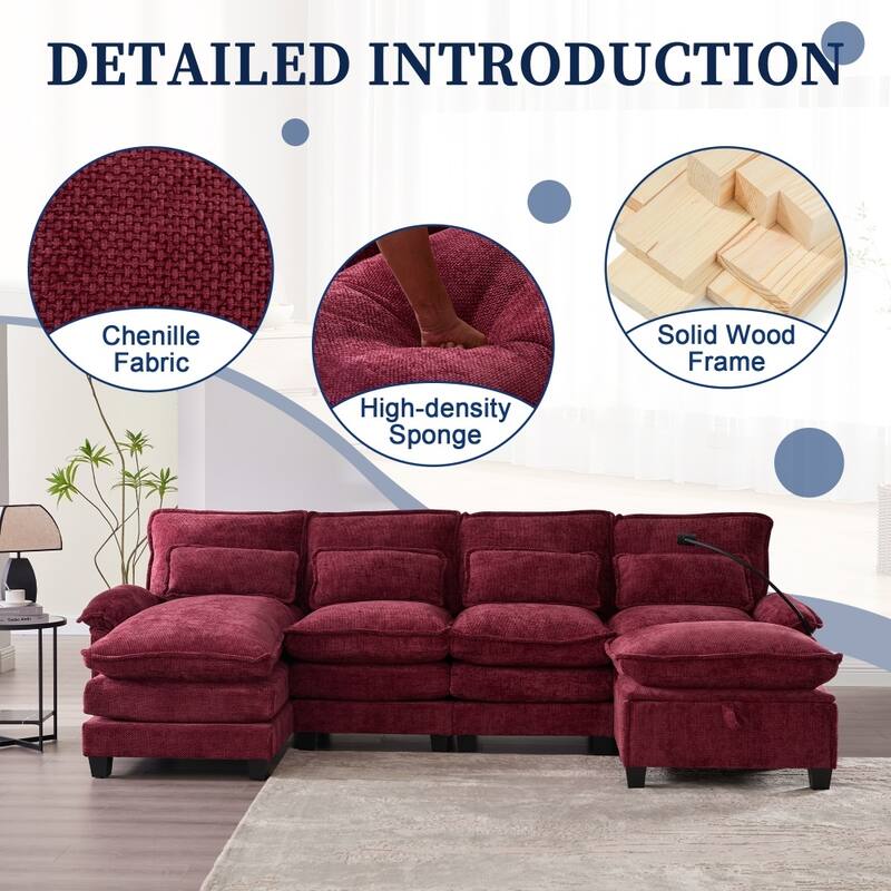 106.69" Modular U-shaped Sectional Sofa with Chaise Lounge and Ottoman, Pillows