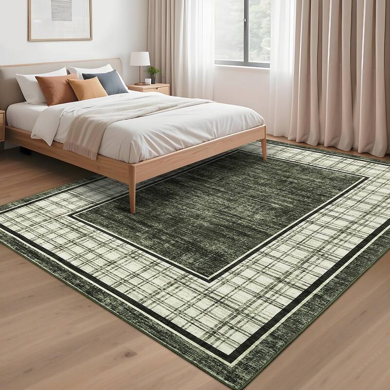 Modern Bordered Rug Farmhouse Plaid Area Rugs for Living Room Bedroom, Indoor Accent Carpet Home Decor