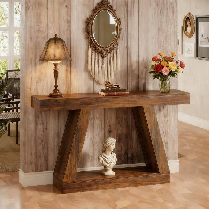 55-Inch Farmhouse Console Table, Rustic Sofa Table with Storage, Industrial Wooden Entryway Table for Hallway, Living Room
