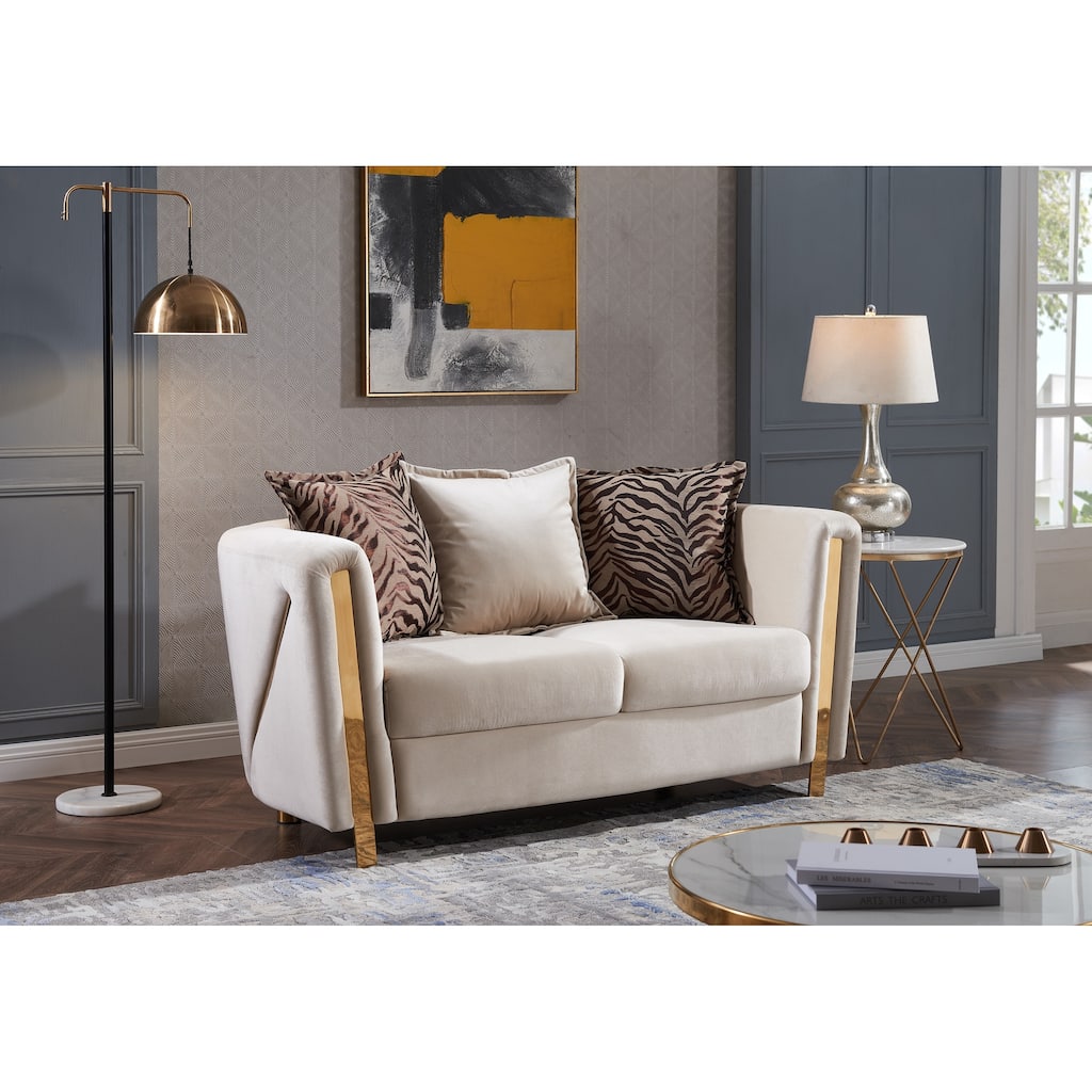 Thick Velvet Fabric Upholstered Loveseat Made With Wood In Beige