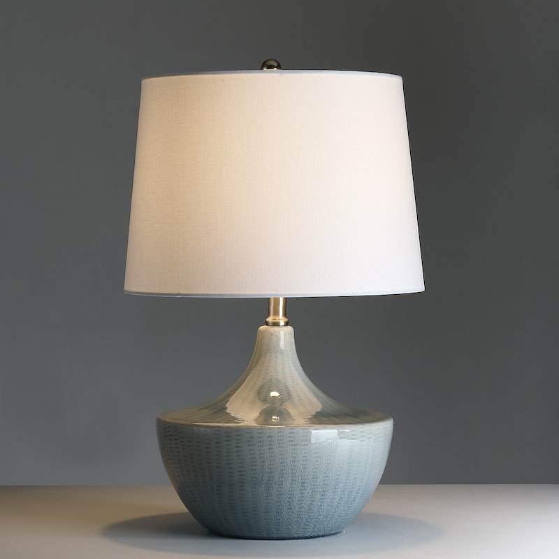 Ebern 3-Way Blue Ceramic Table Lamp with White Shade - 21 in. H