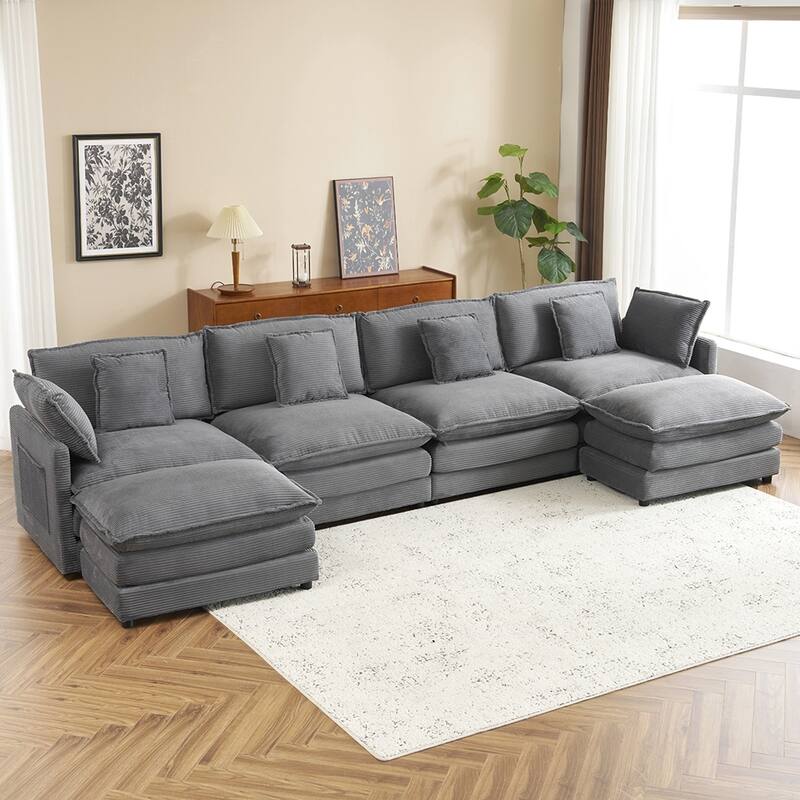 149.6" Corduroy Modular Sofa, L-Shape Sectional with Storage Pockets - Dark Grey
