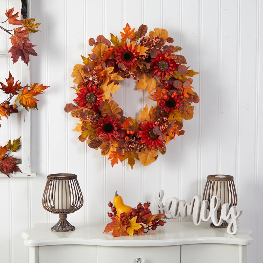 Sunflower and Berries Artificial Fall Harvest Wreath - 30" - Unlit