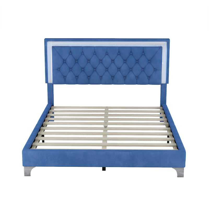 Queen Size Upholstered Bed Frame with LED Lights