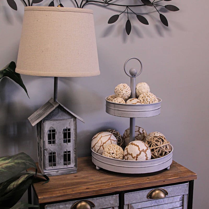 Zeckos Washed White Metal Round Two Tier Farmhouse Serving Tray - 16 X 12 X 12 inches
