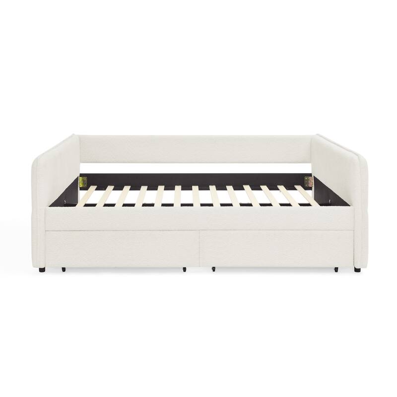 Queen Size Upholstered Tufted Daybed with Trundle and Two Drawers, Beige Boucle Fabric Sofa Bed