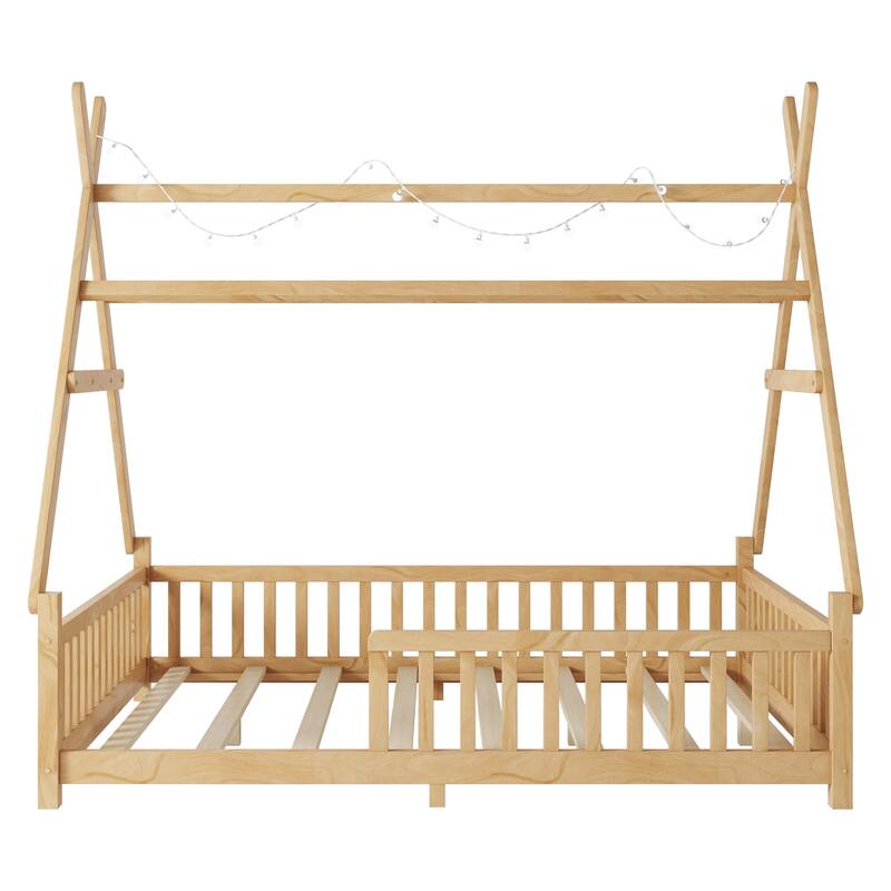 Full House Bed with Light, Low Floor Design, Fence and Roof for Kids, Natural Wood Finish