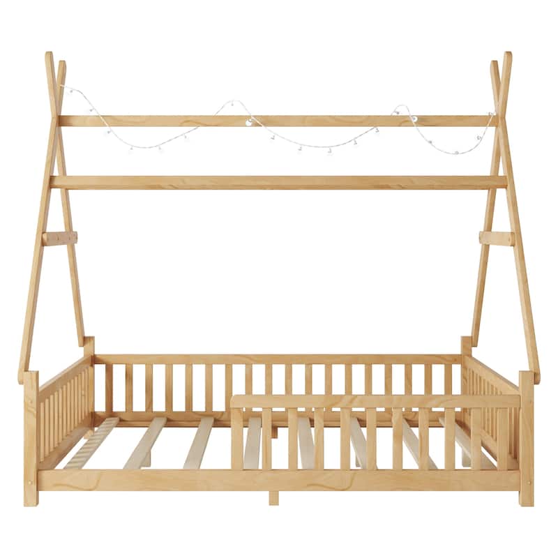 GDF Studio - Brighton Full Size Wooden House Bed with Roof and LED Light