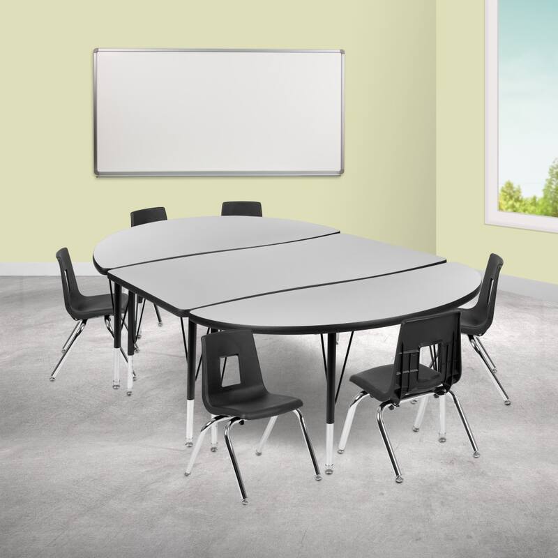 76" Oval Wave Flexible Laminate Activity Table Set with 12" Student Stack Chairs - Grey