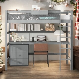 Grey Wood Twin Size Loft Bed with Multiple Storage Desk, Blackboard, Shelf and 3 Drawers