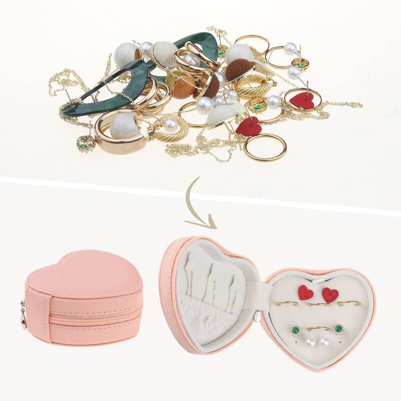 Travel Jewelry Box for Women, Mini Heart-shaped Portable PU Leather Jewelry Organizer Case Storage Display Holder - Pink