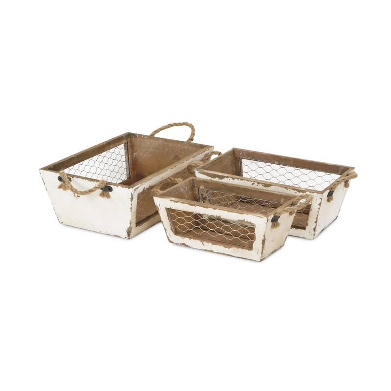 Brown Wooden Tapered Crates with Wire Panels (Set of 3)