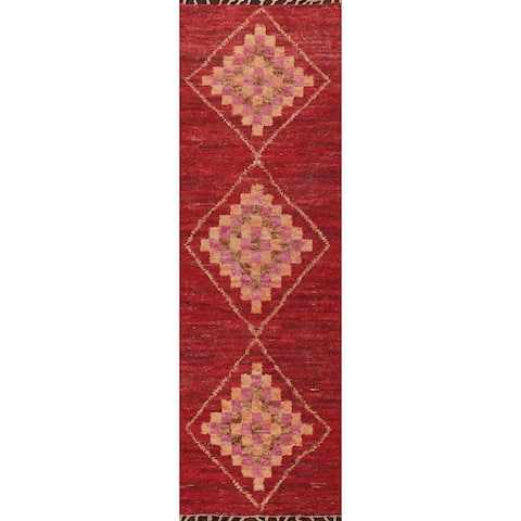 Red Geometric Moroccan Oriental Runner Rug Hand-knotted Wool Carpet - 2'7" x 10'8"