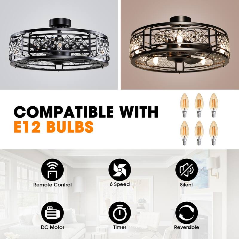 27-in Modern Black 3-Blade Crystal Bladeless Caged Ceiling Fan with Remote and Light Kit - 27-in W x 12.5-in H