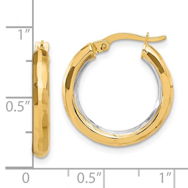 Curata 14k Yellow Gold White Rhodium Polished and Diamond cut Hoop Earrings - 21.75x20.4mm