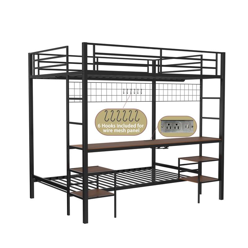 Full Over Twin Bunk Bed with Desk and Charging Station and Shelves and Metal Wire Mesh Panel with Hooks,Safety Guard & Stairs