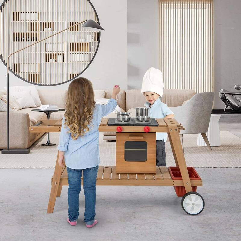 Kid's Play Trolley Outdoor Wooden Cart w/ Sun Umbrella for 3+