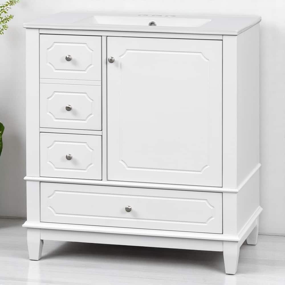 Freestanding 30 Inch Bathroom Vanity Cabinet with Sink, Soft-Close Door, Ceramic Top & Storage Shelves