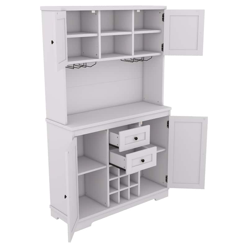 Coffee Bar Cabinet with Drawers and Shelves, Freestanding Kitchen Pantry with Cabinets, Wine Cabinet with Glass Racks