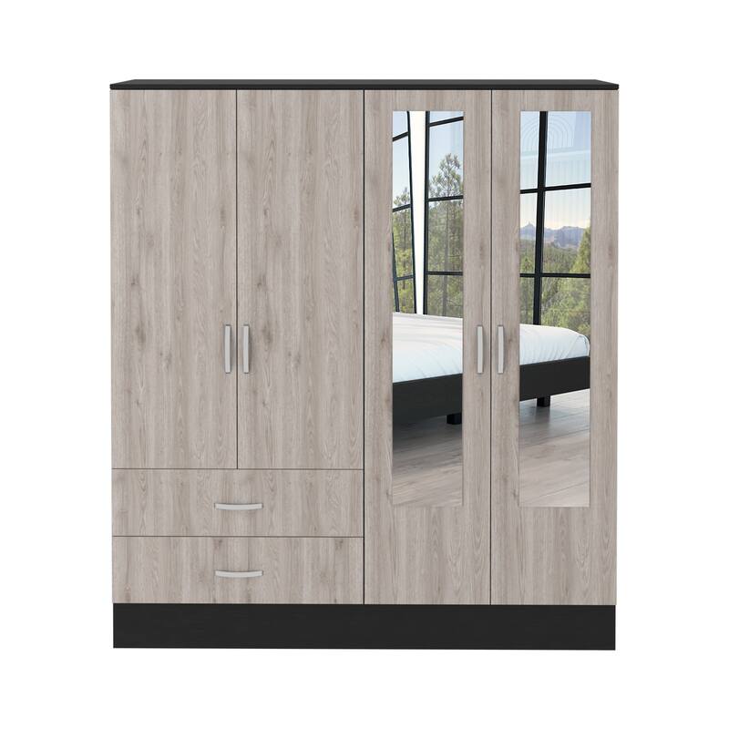 63" Modern Mirrored Armoire with Hanging Rod, Six Shelves and Two Drawers for Bedroom