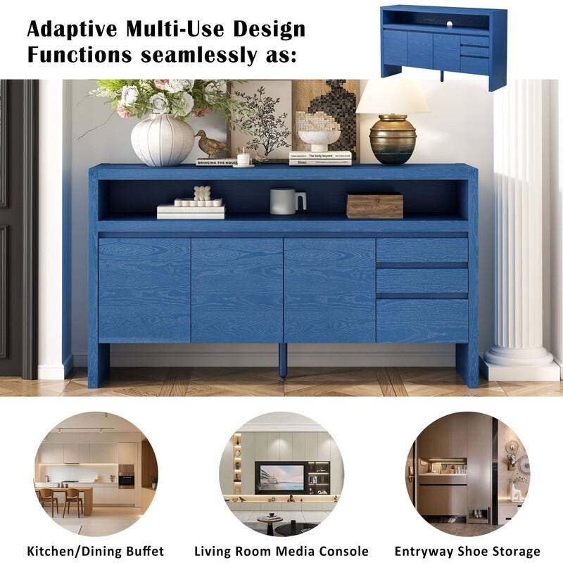 Modern 60" 3-Door Sideboard with 3 Drawers Solid Ash Veneer and Multi-Function Semi-Open Shelf