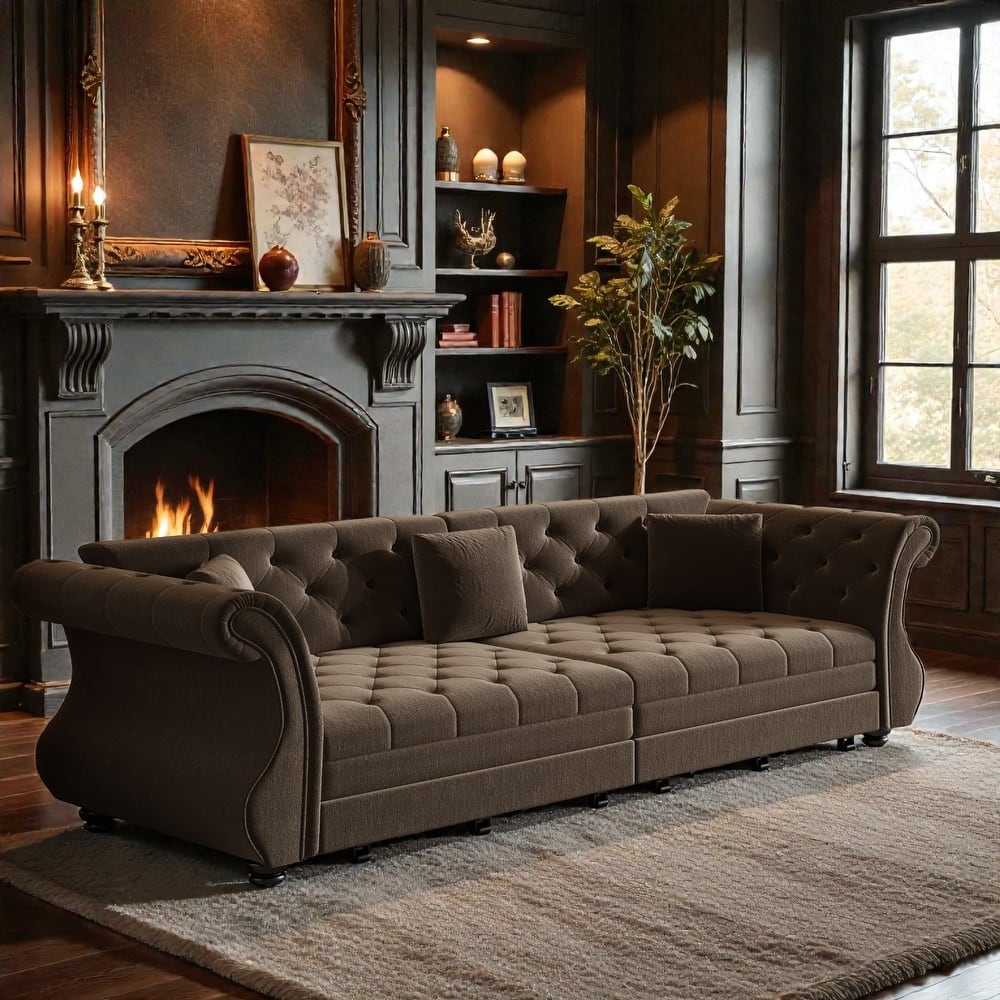 97.6 Inch Chesterfield Pull Out Sofa Bed, Velvet Roll Arm Couch with Flower Tufting, Convertible Sleeper