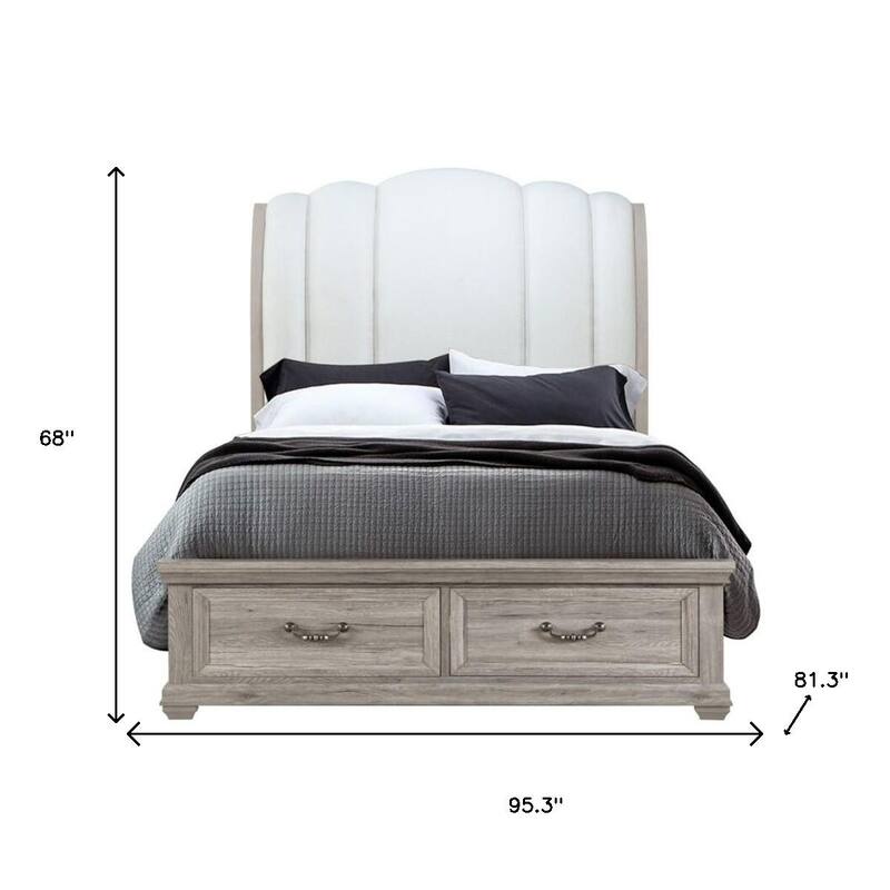 HomeRoots Natural and Light Gray Wood And Upholstery King Bed Frame With Drawers