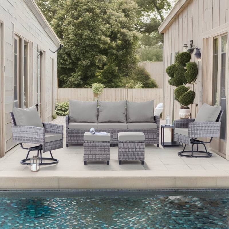 6pcs Wicker Patio Conversation Set Seating Loveseat Sofa with Ottomans - Gray/Gray