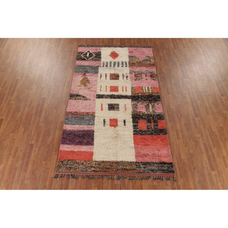 Geometric Plush Moroccan Oriental Area Rug Handmade Beige Wool Carpet - 5'11" x 10'1"