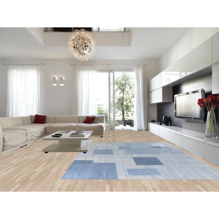 Geometric Blue Kilim Turkish Area Rug Hand-Woven Silk Carpet - 9'10"x 13'1"