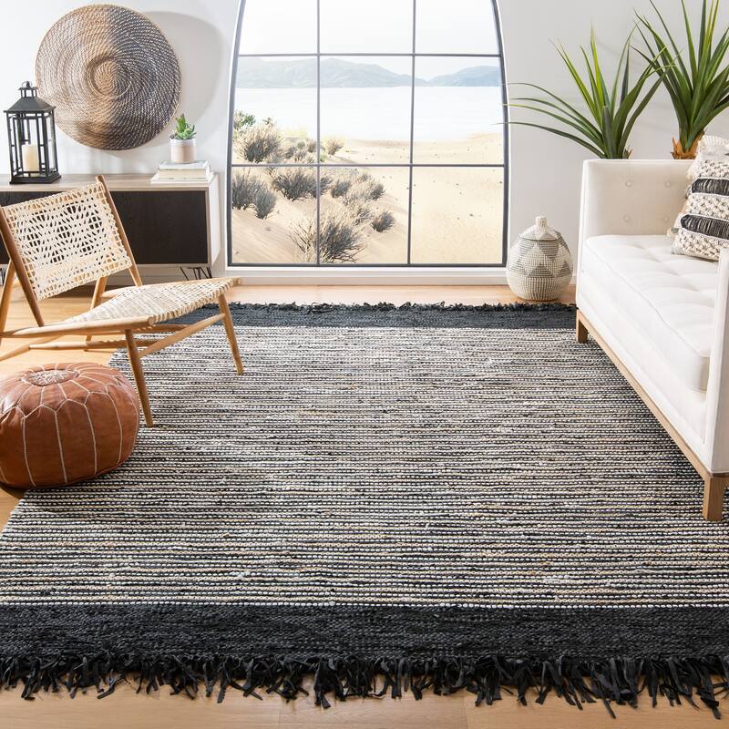 SAFAVIEH Handmade Vintage Boho Leather Zhanna Modern Stripe Leather Rug with Fringe - 6' Square - Black/Multi