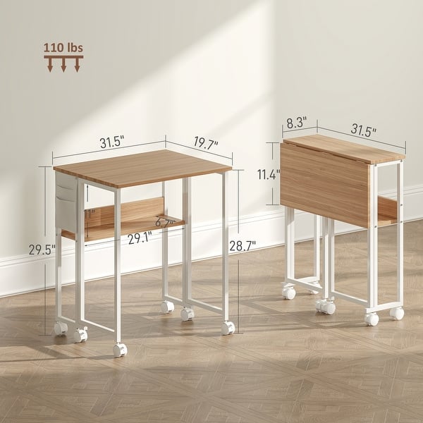 dimension image slide 1 of 3, HOMCOM Small Folding Desk, Rolling Computer Desk Foldable with Storage Bag and Shelf, 31.5" Portable Writing Table on Wheels