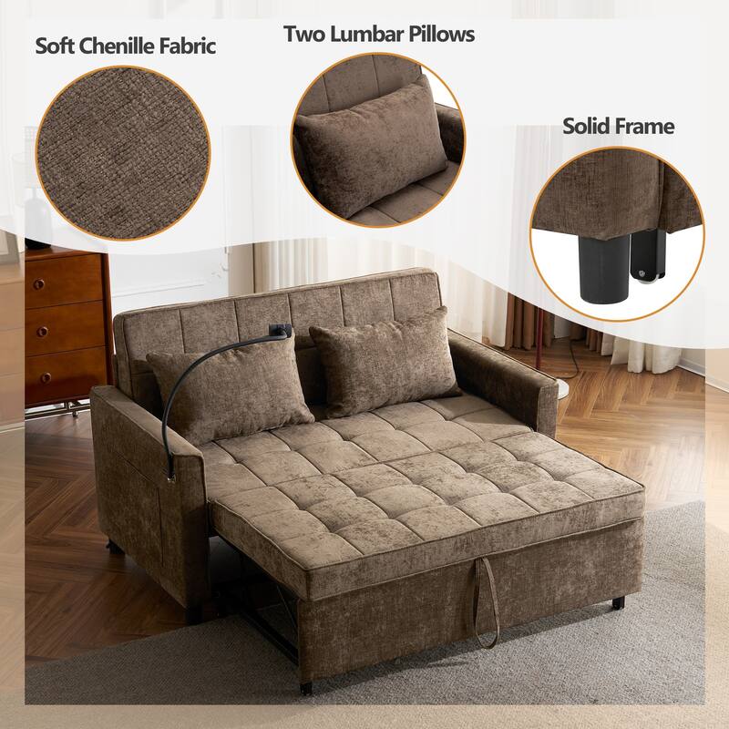 Pull-Out Sofa Bed Sleeper Sofa with A Reversible Backrest Cushion, Side Pockets, Two USB Ports and a Phone Holder