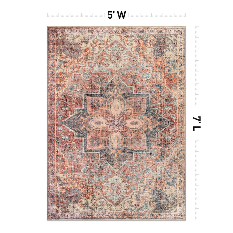 Beige Floral Medallion Washable Rug - Low Pile, Non-Slip