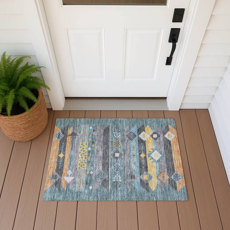 Machine Washable Indoor/ Outdoor Global Tuca Chantille Rug - Teal - 1'8" x 2'6"