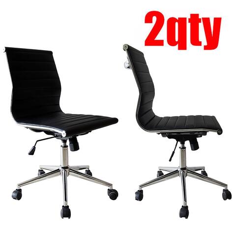 Set of 2 Swivel Adjustable Height PU Leather Office Chair Mid-Back Armless No Arms Side Ribbed Executive Ergonomic