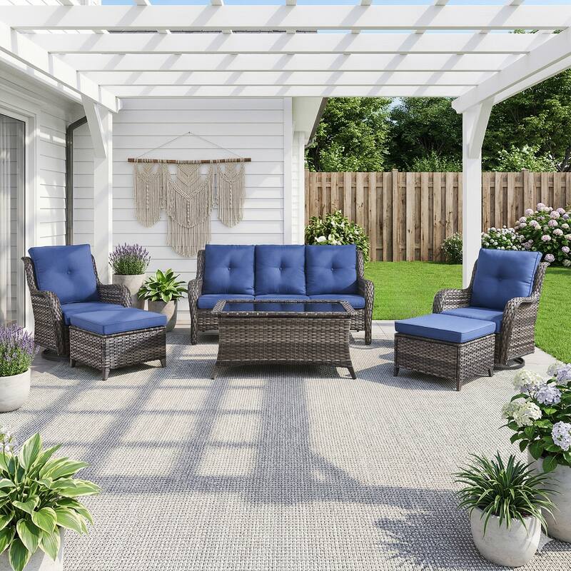 Pocassy Outdoor 6 Pieces 3-Seat Sofa Swivel Chairs Table Ottoman - Gray Wicker - Blue cushion