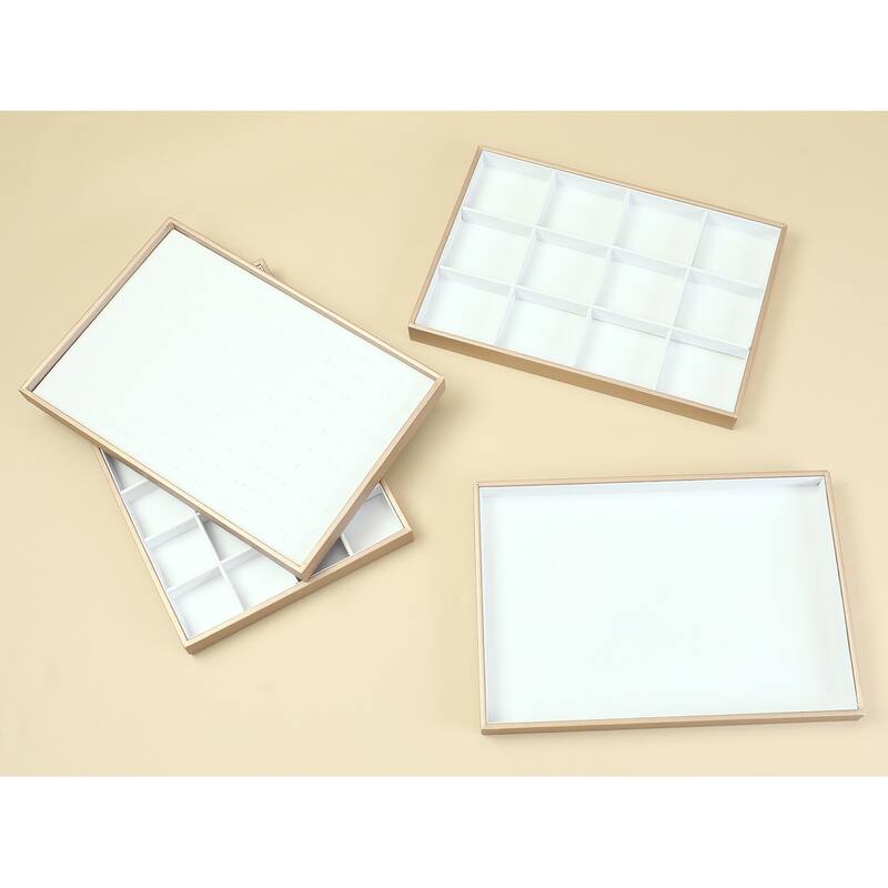 2Pcs Stackable PU Leather Jewelry Organizer Trays w Removable Dividers - White