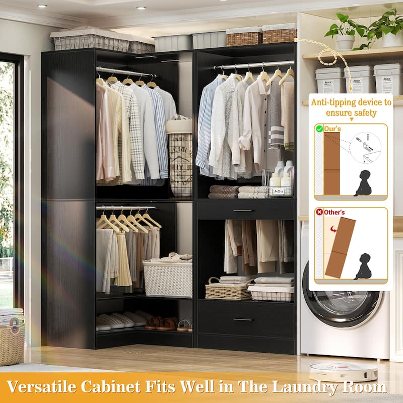 Qvella 31.5'' W Corner Closet System with Hanging Rods and Shelves,Corner Wardrobe Closet Organizer for Walk-in/Reach-in Closet