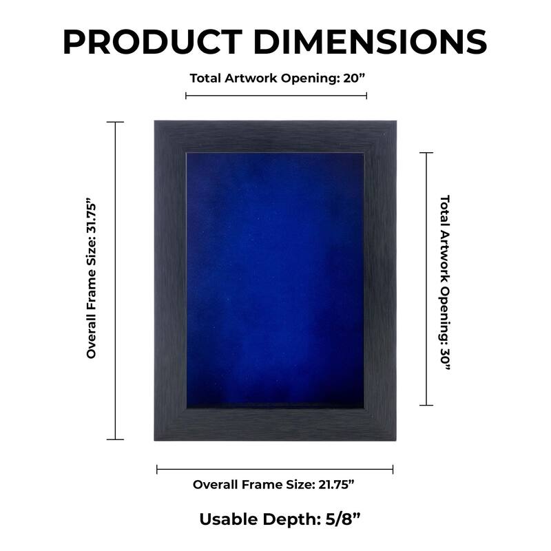 20x30 Shadow Box Frame Charcoal Gray Wood | With a 3/4" Usable Display Depth | Includes a Royal Blue Real Suede Texture
