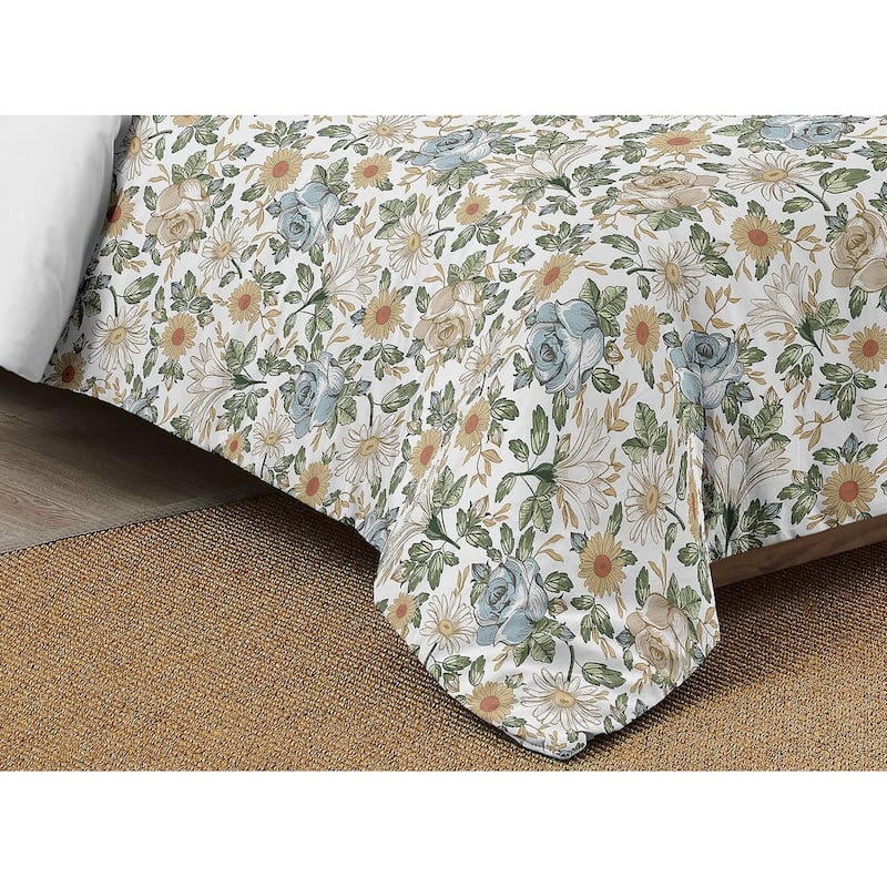 Vintage Floral Blue Yellow Girl 3pc Full/Queen Comforter Set Green Gold Orange Taupe White Shabby Chic Rose Flower Boho Bohemian