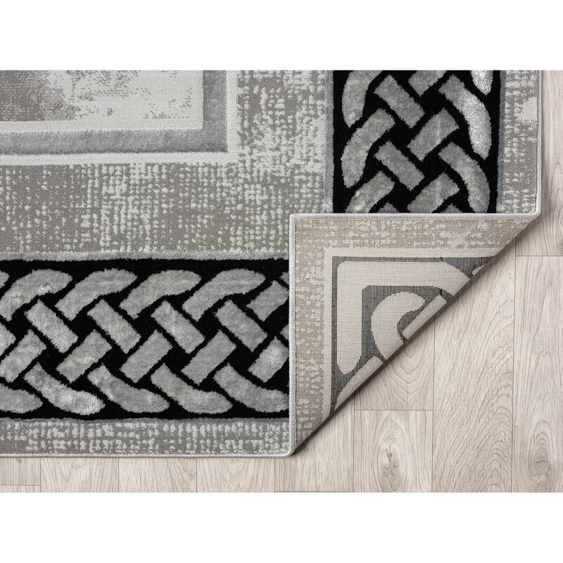 Ksamil Collection Dark Grey/Black Abstract Border Area Rug