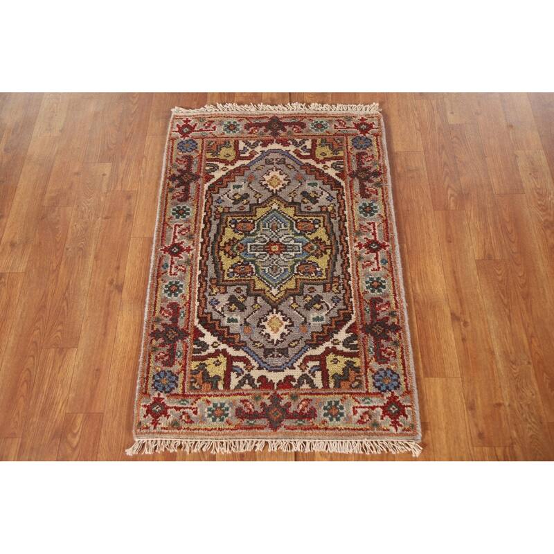 Grey Traditional Heriz Serapi Oriental Area Rug Handmade Wool Carpet - 2'0"x 3'0"