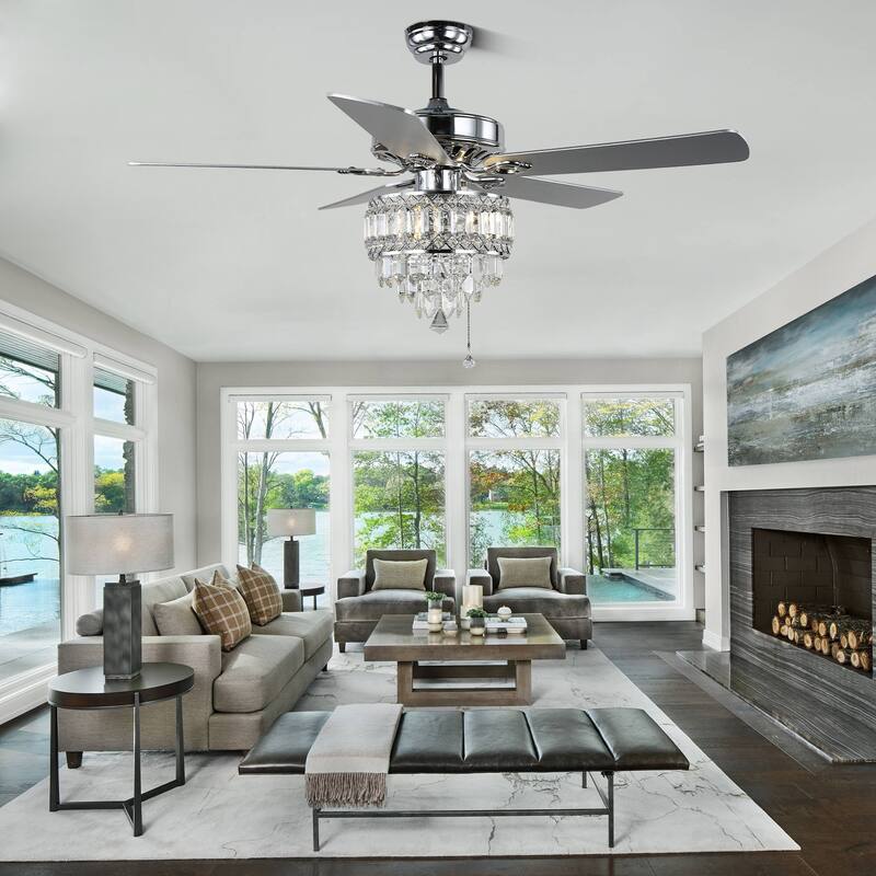 CurveCurio 52-inch Classic Ceiling Fan with Crystal Light Shade, 3 Light, Remote Control and Pull Chain Control for Living Room