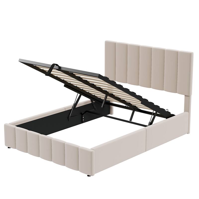 Hydraulic Lift Up Storage Bed, Linen Upholstered Platform Bed Frame with Vertical Panel Headboard, Wooden Slat Support