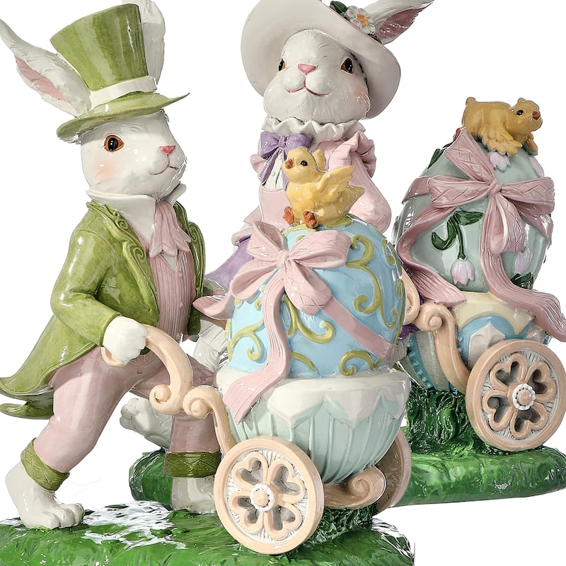 9" Resin Boy And Girl Bunny With Egg Cart Set of 2