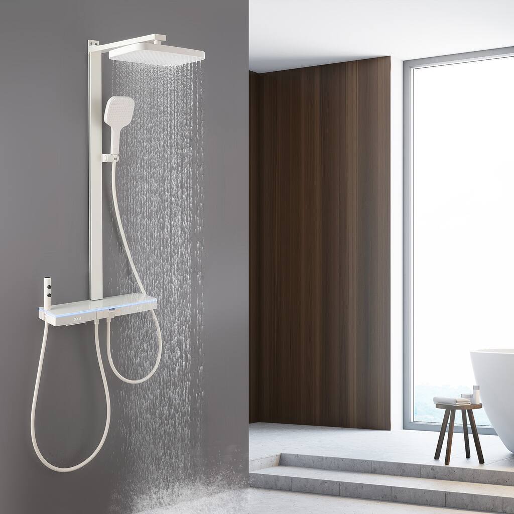 Exposed Pipe Tub and Shower Faucet with Hand Shower Brass Thermostatic Brass Wall Mount Complete Shower System with Tub Spout